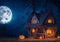 Wooden Haunted house with pumpkins. Full moon. Spooky Old house in spooky dark forest.