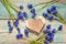 Wooden heart with blue muscari flowers on old wooden background.