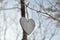 Wooden heart on branch of leafless tree in forest in winter