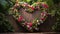 A wooden heart planter overflowing with cascading vines and