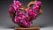 A wooden heart sculpture entwined with vibrant, fresh orchids,