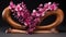 A wooden heart sculpture entwined with vibrant, fresh orchids, exuding an aura of elegance and beauty