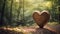 A wooden heart sculpture standing alone in a tranquil forest light