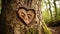 Wooden heart on a tree in the forest. Love concept. Generative AI.