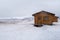 Wooden holiday chalets at the countryside in winter in Iceland