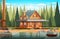 wooden holiday house near lake in forest cottage among trees suburban real estate concept horizontal