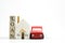Wooden home and car model with wooden blocks with words of loan