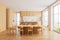 Wooden home kitchen interior with bar island and eating table near window