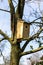 A wooden homemade birdhouse standing on a branch of a leafless tree in a garden on a sunny day. The bird hole of the nest box is