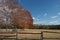 Wooden horse fence surrounding a large meadow with colorful autumn red trees