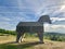 Wooden horse standing on a hill