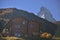 Wooden hotel resort from old village from Zermatt with Matterhorn peak in background