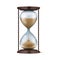 Wooden hourglass. Realistic sand clock. 3D stopwatch on brown stand. Old-fashioned chronometer for countdown. Falling