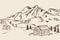 Wooden house against the backdrop of a mountain range. Mountain landscape with a river and a village. Mountain huts. Freehand