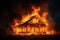 A wooden house or barn burning at night on fire