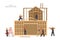 Wooden house build. Isolated industrial scene. Civil engineers at work. Construction job. Cartoon workers in uniform