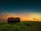 Wooden house cabin on wild field starry sky and moon countryside evening sunset nature landscape