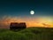 Wooden house cabin on wild field starry sky and moon countryside evening sunset nature landscape