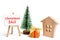 Wooden house and Christmas tree with the inscription Christmas Sale. Christmas Sale of Real Estate. New Year discounts for buying