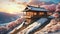 Wooden house with elements of traditional Japanese architecture on a hillside on a magical winter sunset