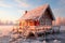 Wooden house encased in ice