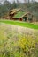 Wooden house with extensive green living roof covered with vegetation