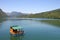 Wooden house floating on Drina river