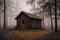 wooden house in a forest, autumn nature as background, overcast, trees and fog