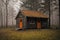 wooden house in a forest, autumn nature as background, overcast, trees and fog