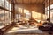 Wooden house in forest, Interior design of modern living room with wooden lining. Created with generative AI