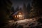 Wooden house in the forest at night. Beautiful winter landscape.