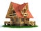 Wooden house on grass 3d illustration