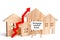 Wooden house and the inscription Mortgage interest rates and up arrow. Raising mortgage rates and tax. The increase in interest