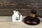 Wooden house, judge`s gavel on wooden background. purchase, sale of real estate. housing.