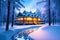 A wooden house in the midst of snow forest