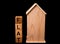 wooden house mockup with house keys, wooden cubes with words rent sale , buy and loan. on black background