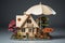 Wooden house model with small umbrella holders representing real estate insurance