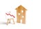 A Wooden house and red arrow down. concept of falling prices and demand for real estate, crisis and recession