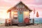 Wooden house on the sand by the ocean at sunset, paradise on the seashore