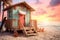 Wooden house on the sand by the ocean at sunset, paradise on the seashore