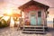 Wooden house on the sand by the ocean at sunset, paradise on the seashore