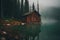 Wooden house on the shore of a mountain lake in a fog