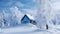 wooden house in snowy mountains. Starry sky with Milky Way and snow covered hut. Christmas holiday