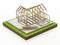 Wooden house structure on concrete base. 3D illustration