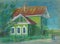 Wooden house in the village. Oil pastel illustration with people, building and tree.