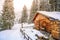 Wooden house in winter mountain landscape. Cottage / Hut in snowy mountains. Travel destination for recreation