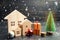 Wooden houses and Christmas tree. Christmas Sale of Real Estate. New Year discounts for buying house. Purchase apartments at a low