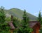 Wooden houses in the firs mountains in the background