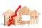 Wooden houses with a red arrow up and space for text. concept of high demand for real estate. Real estate market growth. rise in