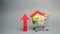 Wooden houses in a shopping cart and red arrow up. The concept of increasing the cost of housing. High demand for real estate. The